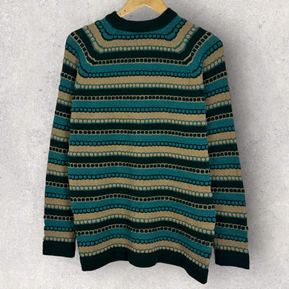 Vintage Wool Blend 3D Knit Sweater Pullover Green Teal Brown Stripe Large Zipper